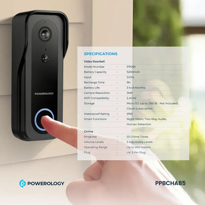 Powerology Smart Doorbell Camera – Black | 3MP, Night Vision, Two-Way Audio