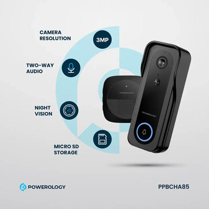 Powerology Smart Doorbell Camera – Black | 3MP, Night Vision, Two-Way Audio