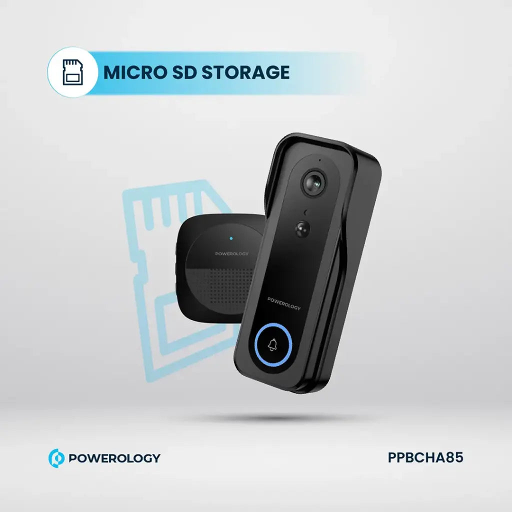 Powerology Smart Doorbell Camera – Black | 3MP, Night Vision, Two-Way Audio