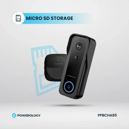 Powerology Smart Doorbell Camera – Black | 3MP, Night Vision, Two-Way Audio