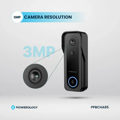 Powerology Smart Doorbell Camera – Black | 3MP, Night Vision, Two-Way Audio