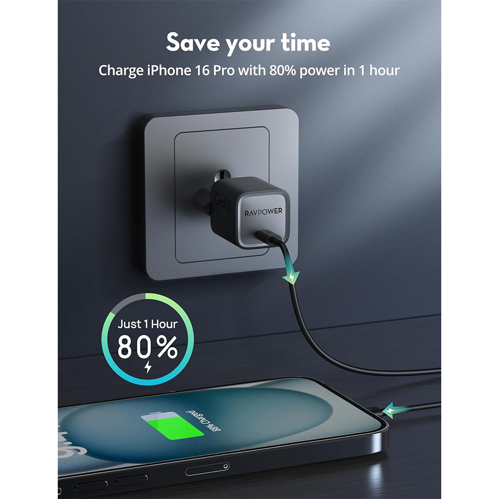 RAVPower 20W Wall Charger with USB-C to USB-C Cable Package - Black - RP-PC1075