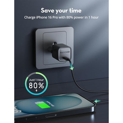 RAVPower 20W Wall Charger with USB-C to USB-C Cable Package - Black - RP-PC1075