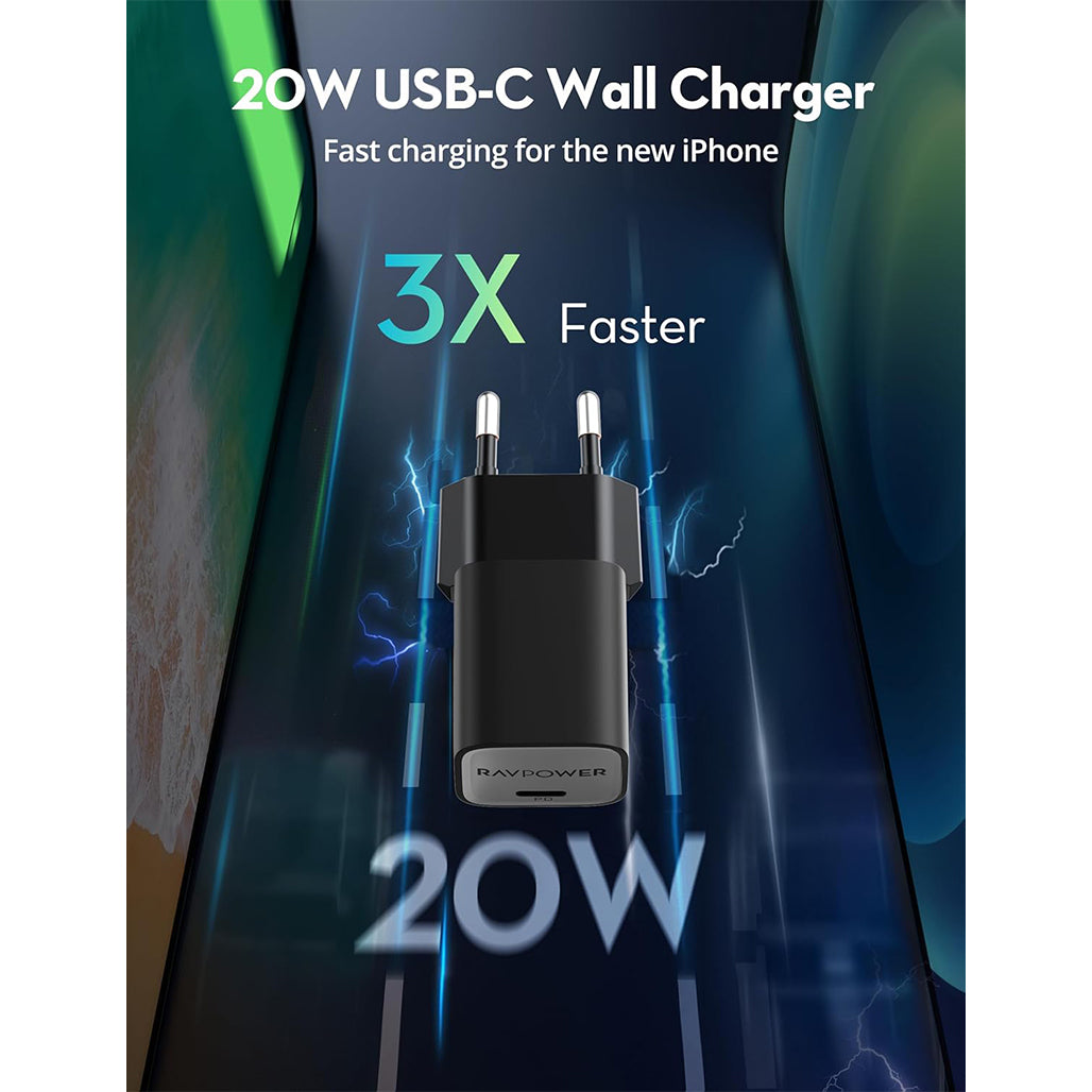RAVPower 20W Wall Charger with USB-C to USB-C Cable Package - Black - RP-PC1075