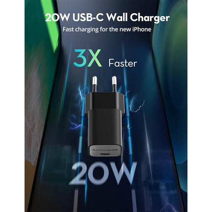 RAVPower 20W Wall Charger with USB-C to USB-C Cable Package - Black - RP-PC1075