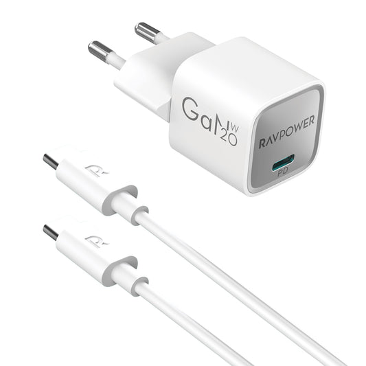 RAVPower 20W Wall Charger with USB-C to USB-C Cable Package - White - RP-PC1075