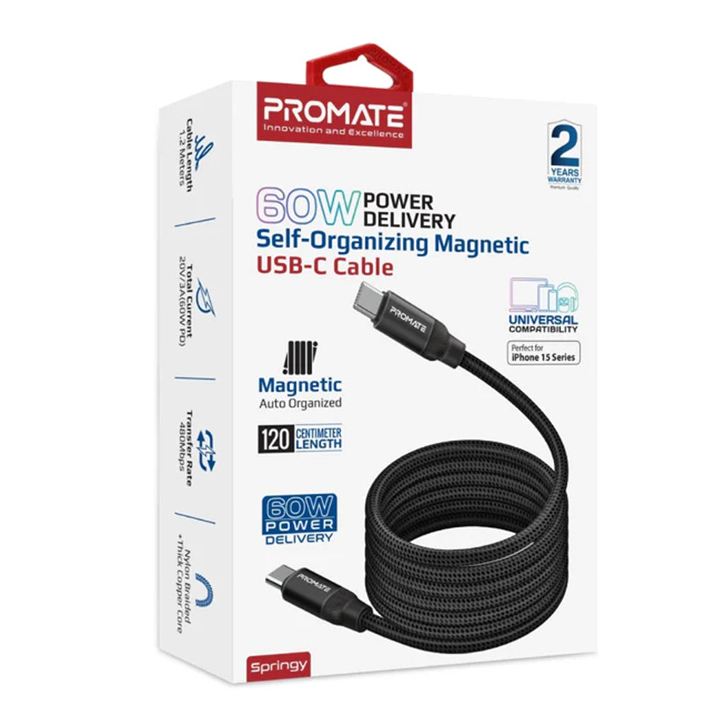 Promate Springy - 60W Power Delivery Self-Organizing Magnetic USB-C Cable