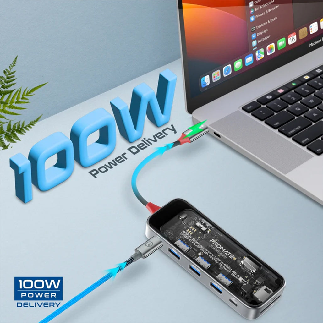 Promate TransHub-Go - 9-in 1 Transparent Ultra-Fast Multiport USB-C Hub with 100W Power Delivery
