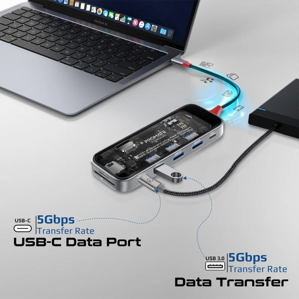 Promate TransHub-Go - 9-in 1 Transparent Ultra-Fast Multiport USB-C Hub with 100W Power Delivery