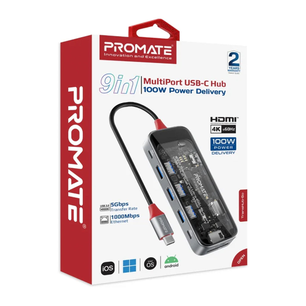Promate TransHub-Go - 9-in 1 Transparent Ultra-Fast Multiport USB-C Hub with 100W Power Delivery