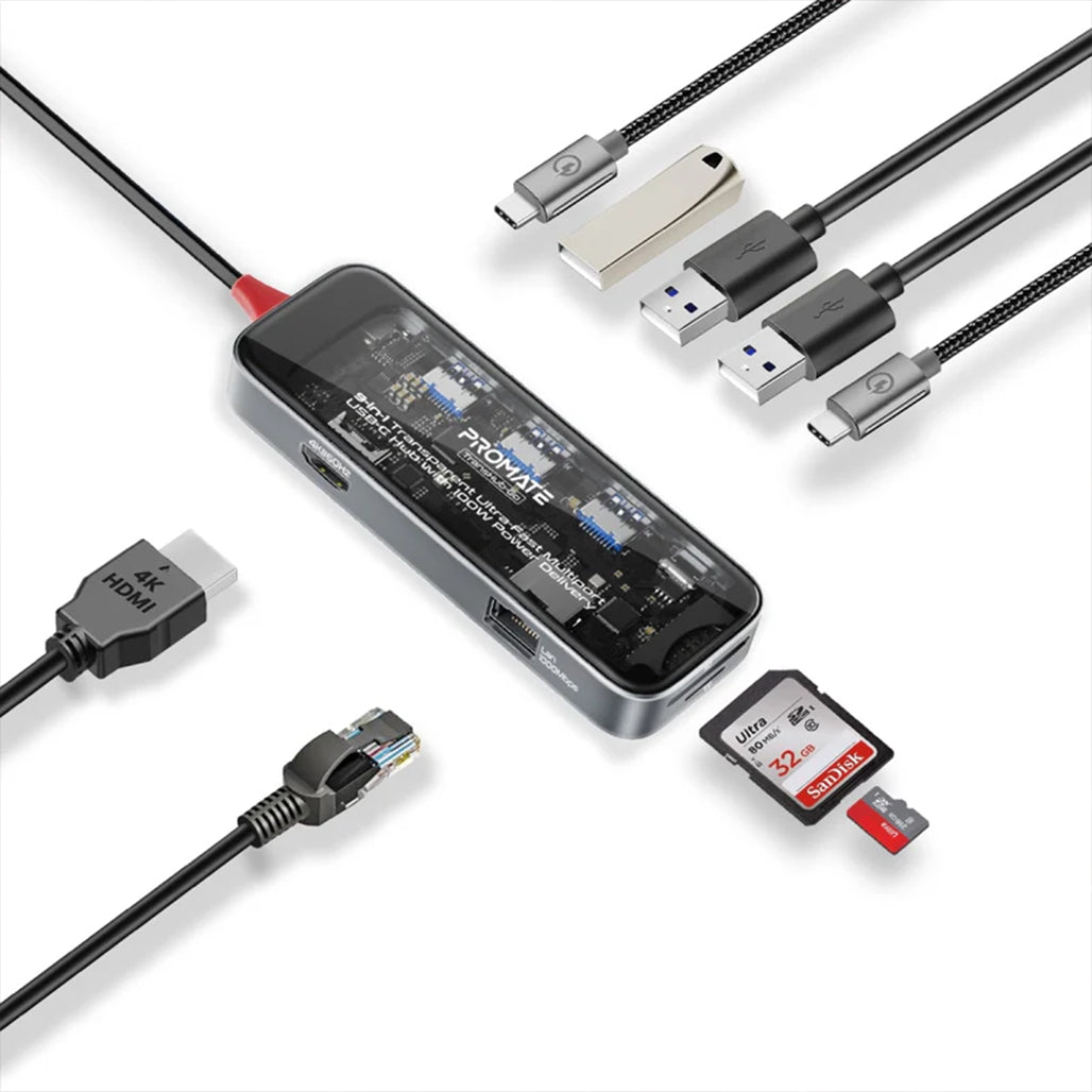 Promate TransHub-Go - 9-in 1 Transparent Ultra-Fast Multiport USB-C Hub with 100W Power Delivery