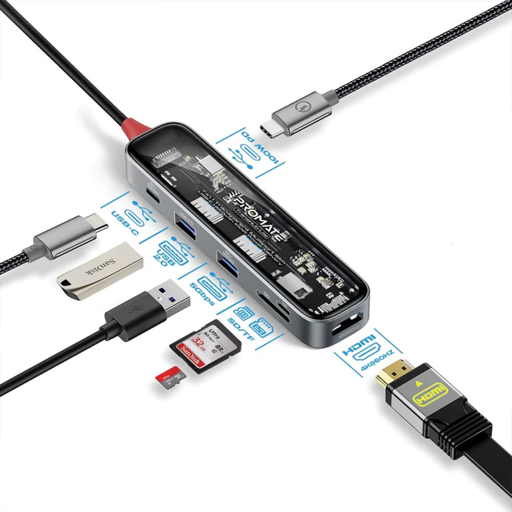 Promate TransHub-Lite - 7-in 1 Transparent Multiport Slim USB-C Hub with 100W Power Delivery