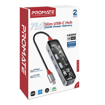 Promate TransHub-Lite - 7-in 1 Transparent Multiport Slim USB-C Hub with 100W Power Delivery