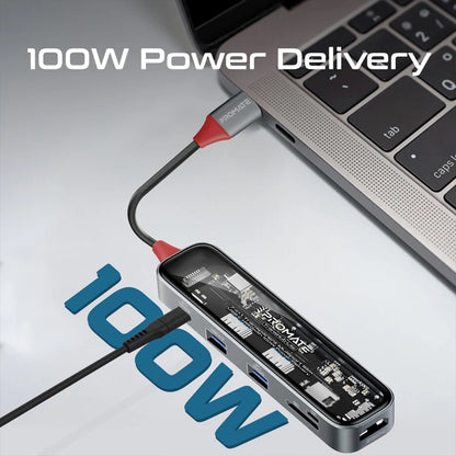 Promate TransHub-Lite - 7-in 1 Transparent Multiport Slim USB-C Hub with 100W Power Delivery
