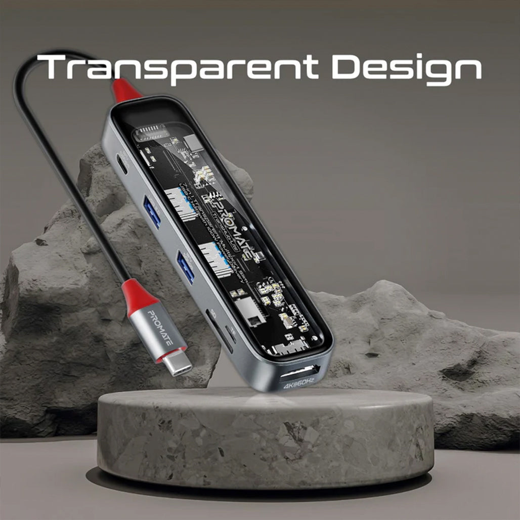 Promate TransHub-Lite - 7-in 1 Transparent Multiport Slim USB-C Hub with 100W Power Delivery