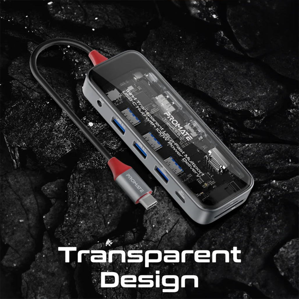 Promate TransHub-Pro - 11-in-1 Transparent Ultra-Fast Multiport USB-C Hub with 100W Power Delivery