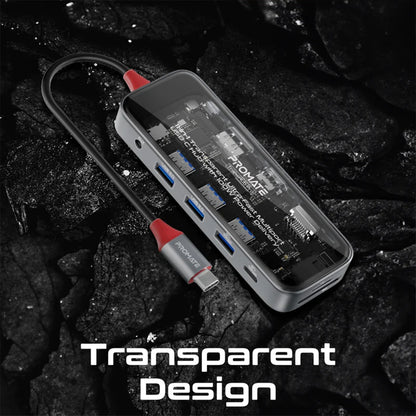 Promate TransHub-Pro - 11-in-1 Transparent Ultra-Fast Multiport USB-C Hub with 100W Power Delivery