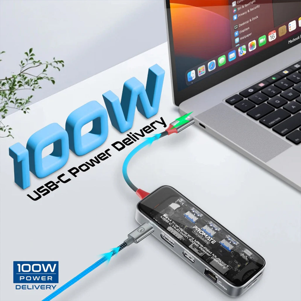 Promate TransHub-Pro - 11-in-1 Transparent Ultra-Fast Multiport USB-C Hub with 100W Power Delivery