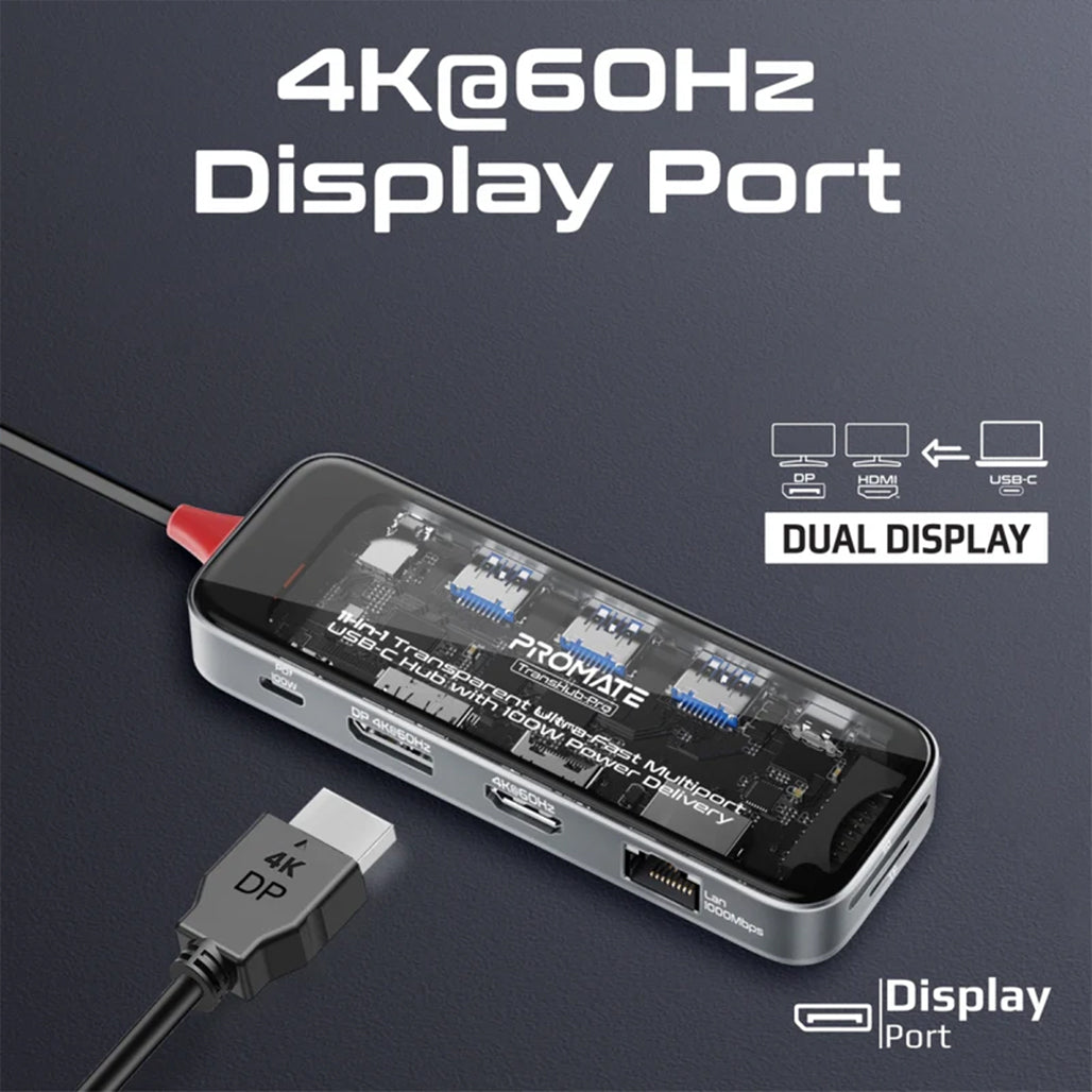 Promate TransHub-Pro - 11-in-1 Transparent Ultra-Fast Multiport USB-C Hub with 100W Power Delivery