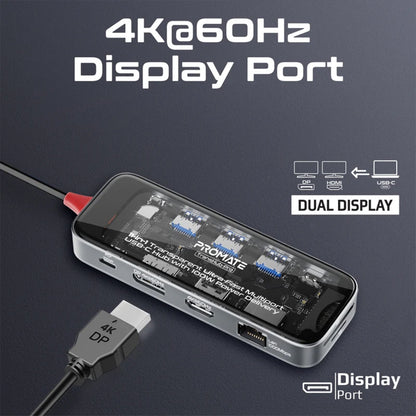 Promate TransHub-Pro - 11-in-1 Transparent Ultra-Fast Multiport USB-C Hub with 100W Power Delivery