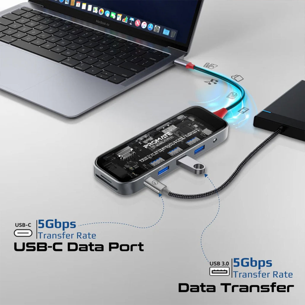 Promate TransHub-Pro - 11-in-1 Transparent Ultra-Fast Multiport USB-C Hub with 100W Power Delivery