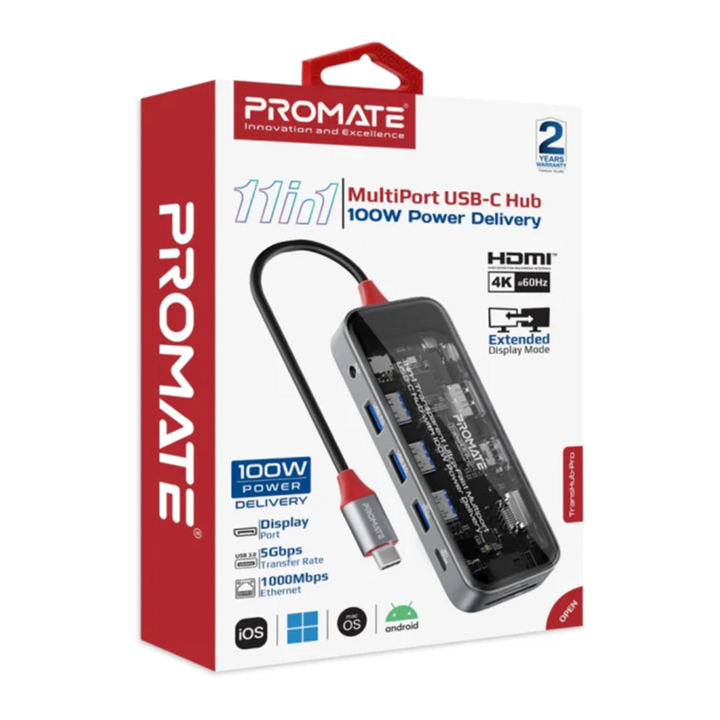 Promate TransHub-Pro - 11-in-1 Transparent Ultra-Fast Multiport USB-C Hub with 100W Power Delivery