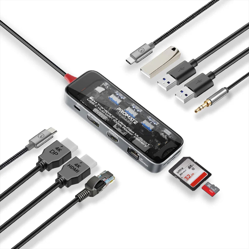 Promate TransHub-Pro - 11-in-1 Transparent Ultra-Fast Multiport USB-C Hub with 100W Power Delivery