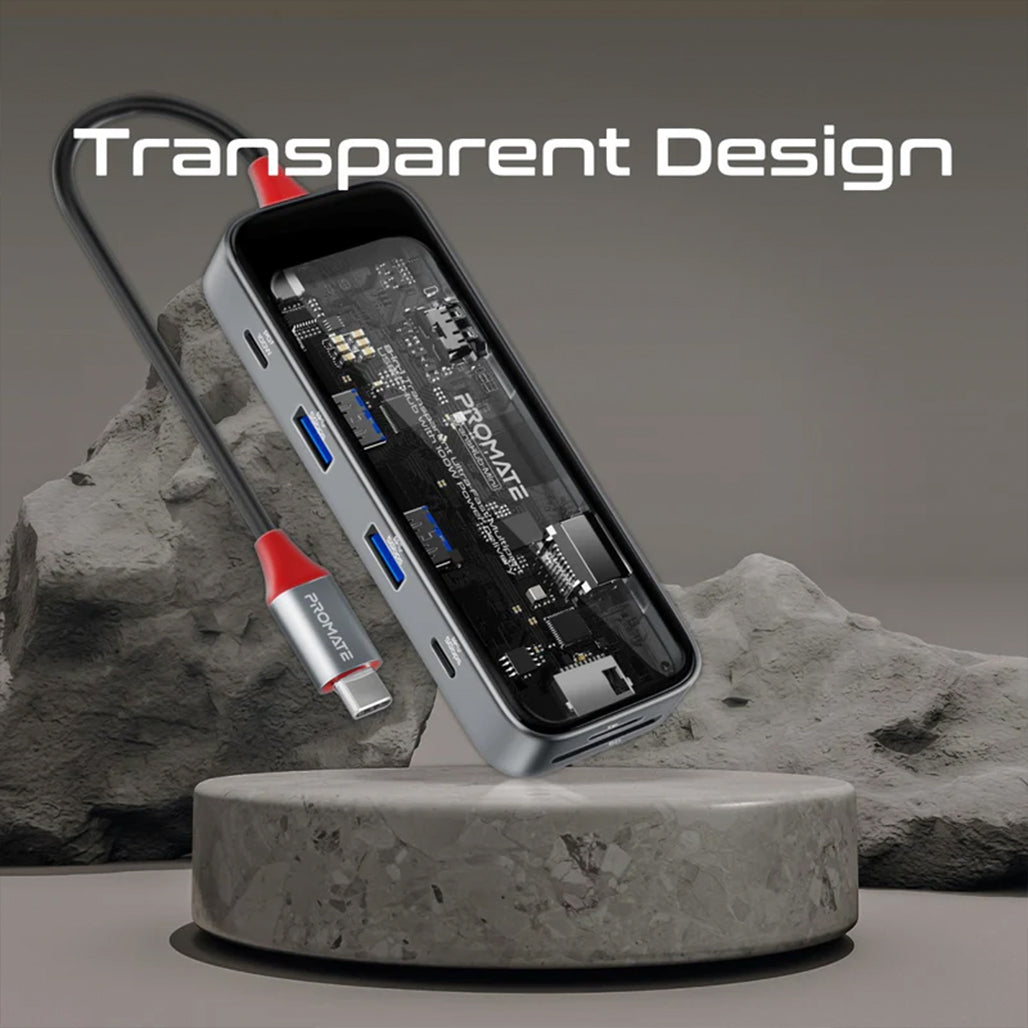 Promate TransHub-mini - 8-in 1 Transparent Ultra-Fast Multiport USB-C Hub with 100W Power Delivery