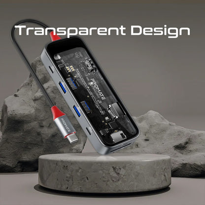 Promate TransHub-mini - 8-in 1 Transparent Ultra-Fast Multiport USB-C Hub with 100W Power Delivery