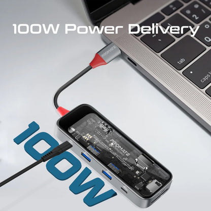 Promate TransHub-mini - 8-in 1 Transparent Ultra-Fast Multiport USB-C Hub with 100W Power Delivery