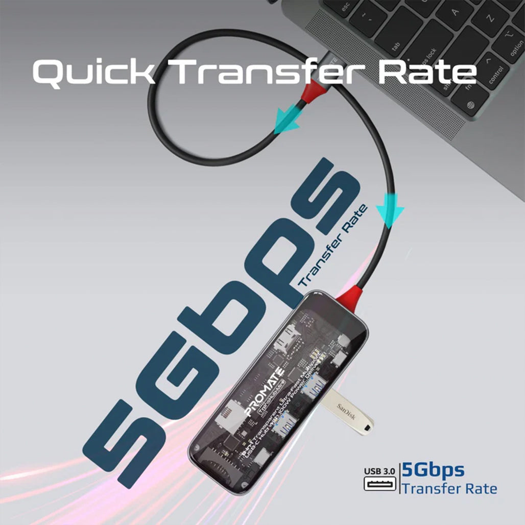 Promate TransHub-mini - 8-in 1 Transparent Ultra-Fast Multiport USB-C Hub with 100W Power Delivery