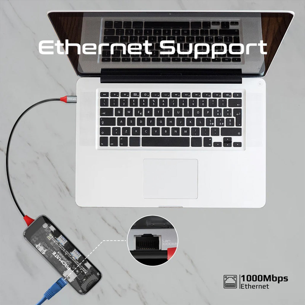 Promate TransHub-mini - 8-in 1 Transparent Ultra-Fast Multiport USB-C Hub with 100W Power Delivery