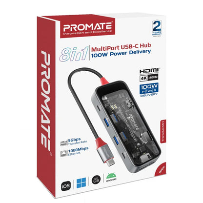 Promate TransHub-mini - 8-in 1 Transparent Ultra-Fast Multiport USB-C Hub with 100W Power Delivery