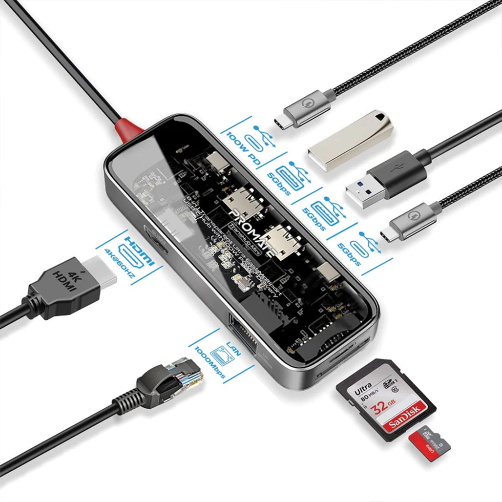 Promate TransHub-mini - 8-in 1 Transparent Ultra-Fast Multiport USB-C Hub with 100W Power Delivery