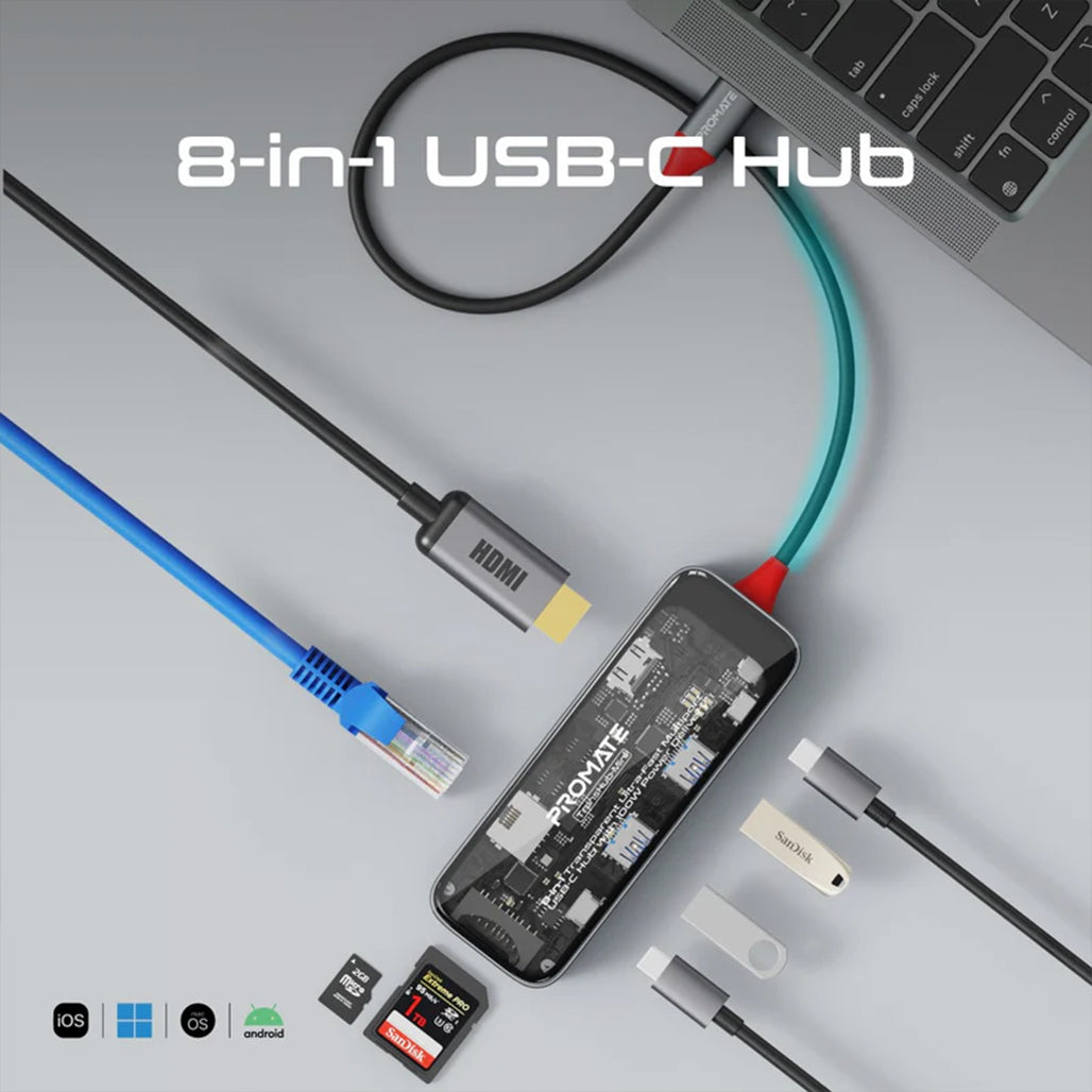 Promate TransHub-mini - 8-in 1 Transparent Ultra-Fast Multiport USB-C Hub with 100W Power Delivery