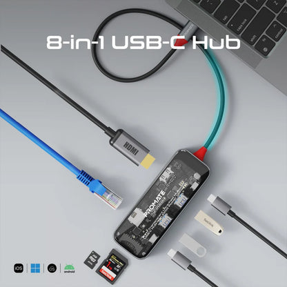 Promate TransHub-mini - 8-in 1 Transparent Ultra-Fast Multiport USB-C Hub with 100W Power Delivery