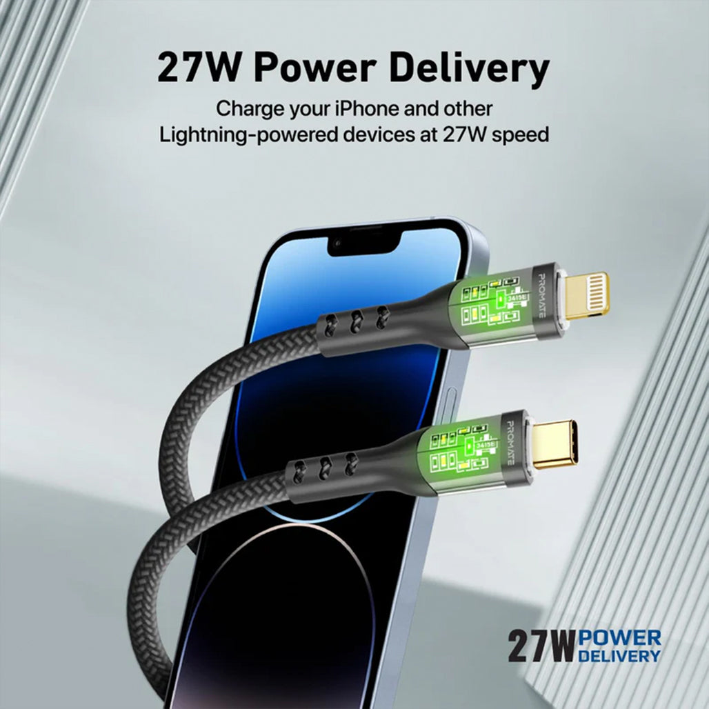 Promate TransLine-Ci - 27W Power Delivery USB-C to Lightning Cable with Transparent Shells
