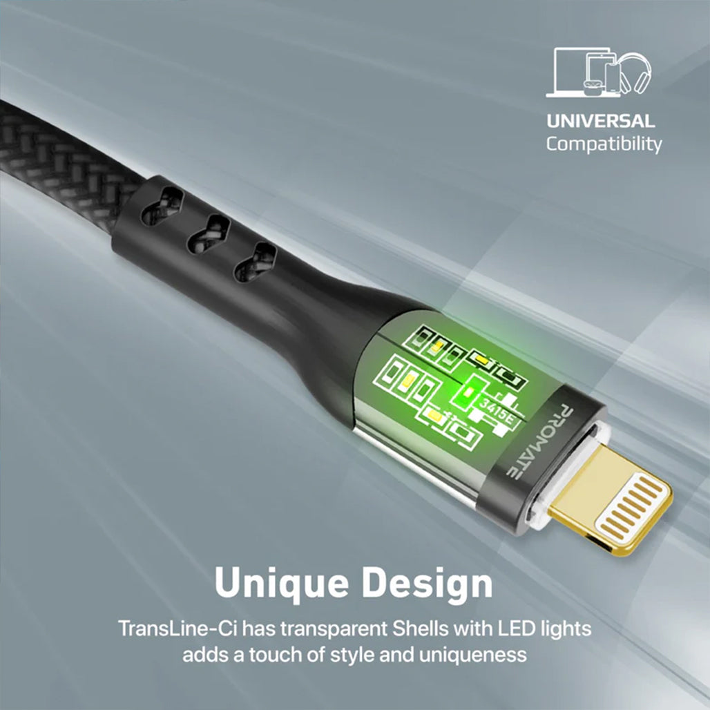 Promate TransLine-Ci - 27W Power Delivery USB-C to Lightning Cable with Transparent Shells