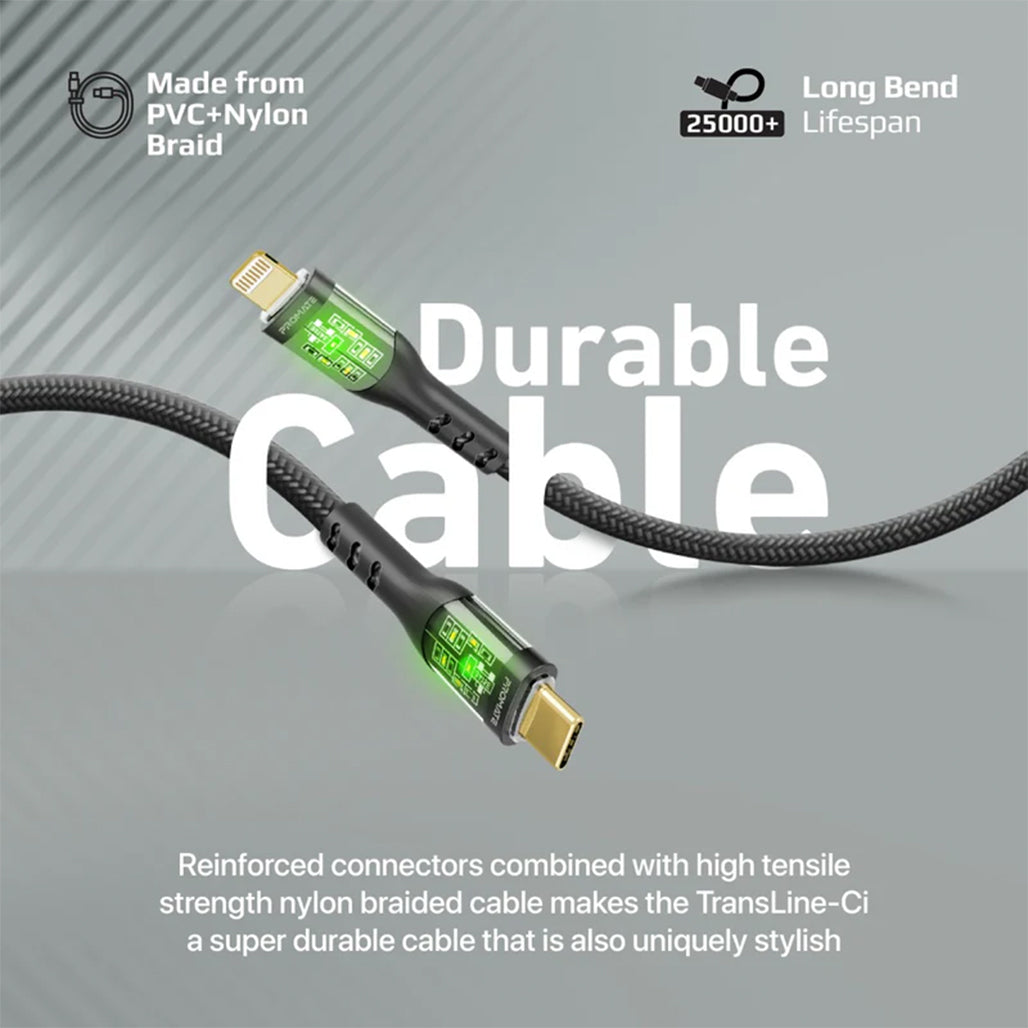 Promate TransLine-Ci - 27W Power Delivery USB-C to Lightning Cable with Transparent Shells