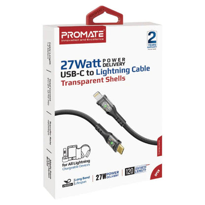 Promate TransLine-Ci - 27W Power Delivery USB-C to Lightning Cable with Transparent Shells