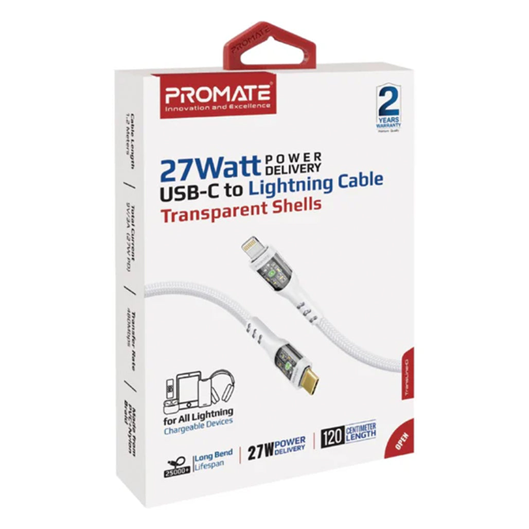 Promate TransLine-Ci - 27W Power Delivery USB-C to Lightning Cable with Transparent Shells