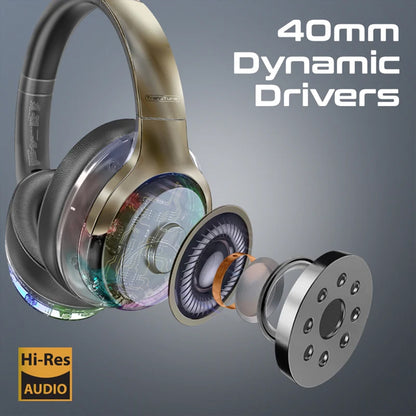 Promate TransTune - Active Noise Cancelling Hi-Fi Stereo Wireless Headphones with RGB Lights