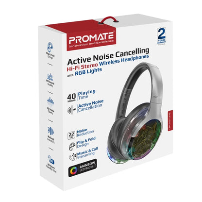 Promate TransTune - Active Noise Cancelling Hi-Fi Stereo Wireless Headphones with RGB Lights