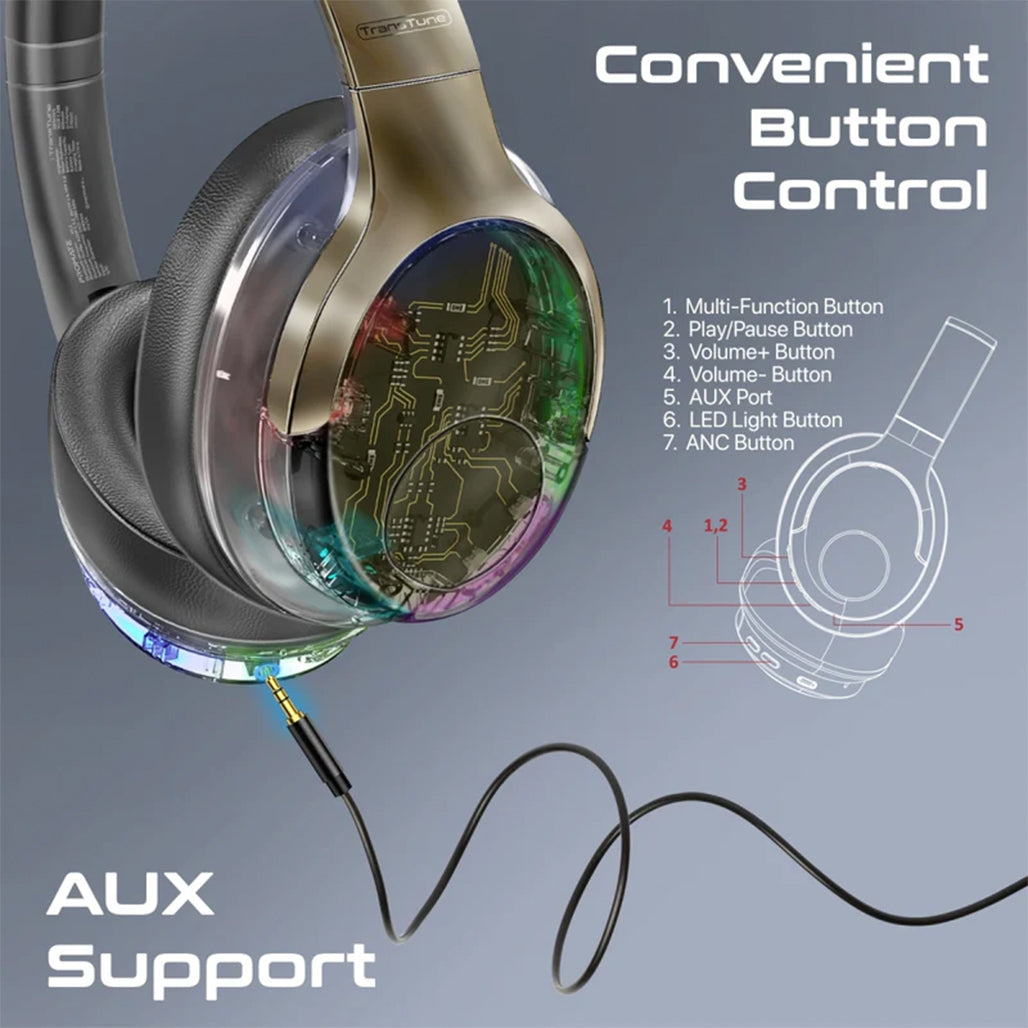 Promate TransTune - Active Noise Cancelling Hi-Fi Stereo Wireless Headphones with RGB Lights