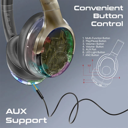 Promate TransTune - Active Noise Cancelling Hi-Fi Stereo Wireless Headphones with RGB Lights