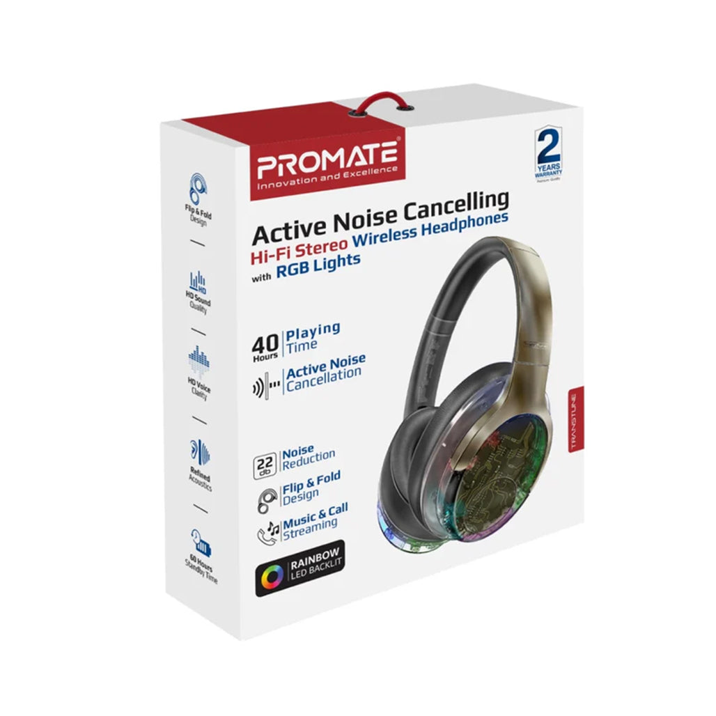 Promate TransTune - Active Noise Cancelling Hi-Fi Stereo Wireless Headphones with RGB Lights