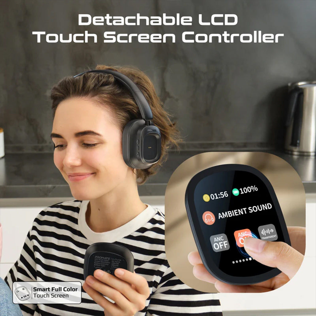Promate VuTune - High-Definition Hybrid ANC Headphones with Detachable Magnetic LCD Touch Screen Controller