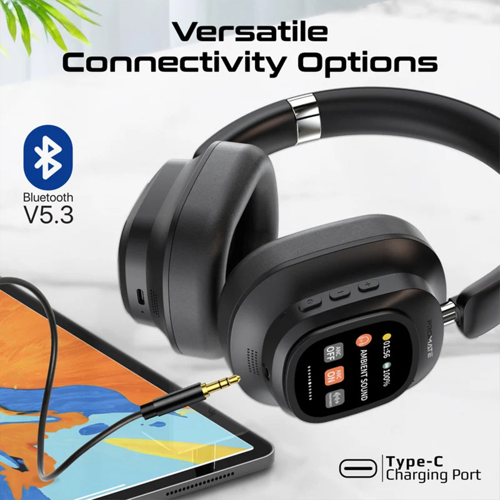 Promate VuTune - High-Definition Hybrid ANC Headphones with Detachable Magnetic LCD Touch Screen Controller
