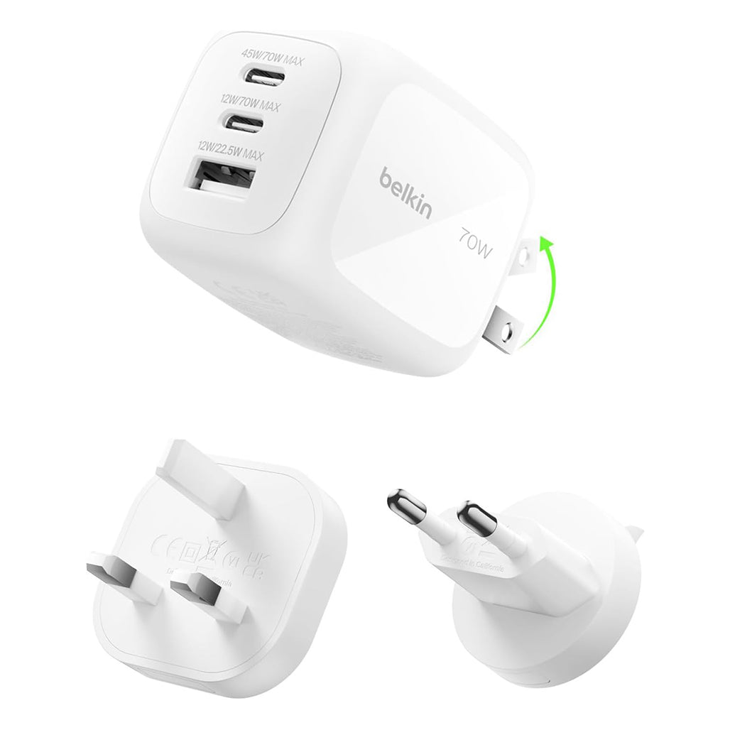 Belkin BoostCharge Pro 3-Port GaN Wall Charger 70W + Travel Adapter Kit