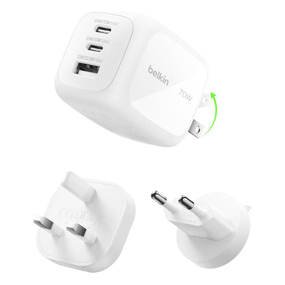 Belkin BoostCharge Pro 3-Port GaN Wall Charger 70W + Travel Adapter Kit